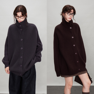 3ONE粗针加厚翻领100绵羊毛单排扣宽松慵懒中长款毛衣外套女