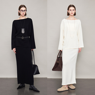 3ONE极简ROW风慵懒套装 半身裙 100羊毛超细澳毛一字肩不对称毛衣