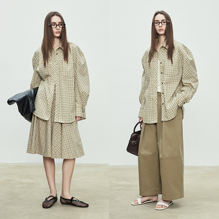 miu系套装 3ONE｜街头肌理复古色织格纹宽松廓形衬衫 百褶半裙