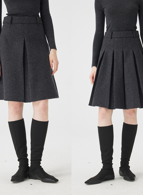 3ONE简约风毛呢前后两穿A字百褶半身裙女A字显瘦羊毛混纺毛呢半裙