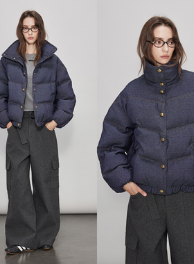 3ONE牛仔蓝jennie同款90白鸭绒加厚保暖立领显瘦棒球羽绒服外套