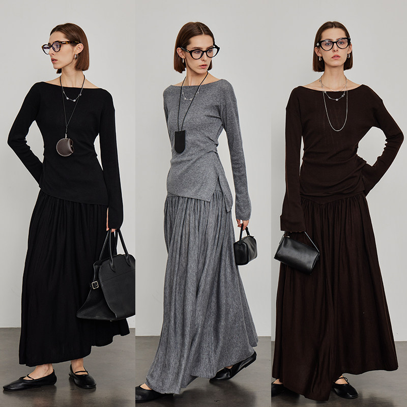 3ONE纸片人 一字肩气质上衣高级感两件套高腰半身裙针织羊毛套装,女装/女士精品,时尚套装,淘宝优惠券,粉丝福利购,淘宝优惠卷