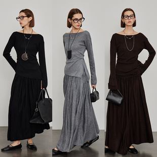 3ONE纸片人 一字肩气质上衣高级感两件套高腰半身裙针织羊毛套装