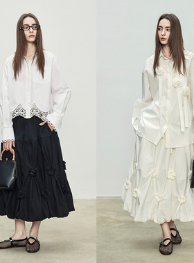 3ONE｜重磅手工定制立体花朵高腰设计感捏褶花苞抽绳松紧腰半身裙