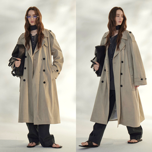3ONE极简ROW风牛皮绒灰调高级感松弛双排扣系带中长款 风衣外套女