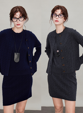 3ONE复古显瘦miu系羊毛绞花圆领针织开衫外套/麻花无袖/半身裙