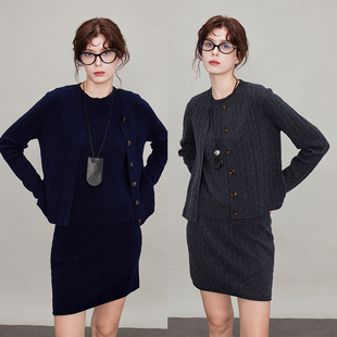 半身裙 麻花无袖 3ONE复古显瘦miu系羊毛绞花圆领针织开衫 外套