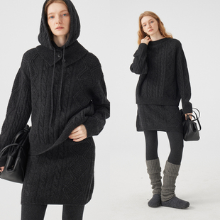 3ONE老钱风立体绞花绵羊毛松弛圆领/直身半裙毛衣套装女松弛感