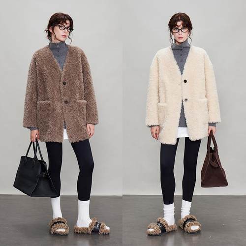 V领羊毛皮毛一体外套3ONE休闲