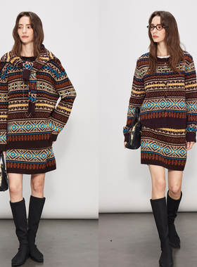 3ONE复古印花美拉德针织圆领套头毛衣/显瘦开衫/松紧腰半裙/套装