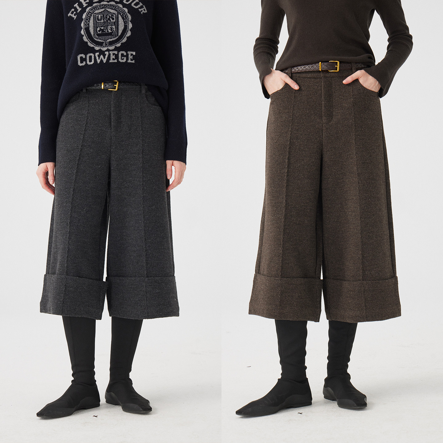 3ONE老钱风毛呢复古随性时髦造型感阔腿女翻边高腰显瘦八分裤,女装/女士精品,休闲裤,淘宝优惠券,粉丝福利购,淘宝优惠卷