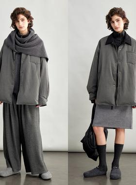 3ONE秋冬新款90白鸭绒衬衫款轻薄灰色撞色翻领工装夹克羽绒服外套