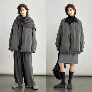 3ONE秋冬新款90白鸭绒衬衫款轻薄灰色撞色翻领工装夹克羽绒服外套