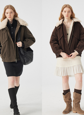 3ONE复古翻领90白鹅绒羽绒服落肩袖分割线绗棉经典廓形夹克短款女