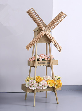 田园创意装饰大花架家居阳台木质风车置物架橱窗咖啡馆落地摆件