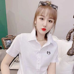 欧货春夏新款女装气质重工刺绣虎头翻领黑白短袖T恤衬衫女pol