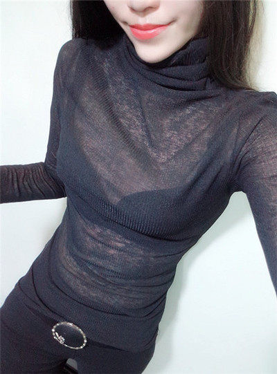 欧货长袖新款高领打底衫性感黑色修身弹力打底衫上衣t恤显瘦薄款