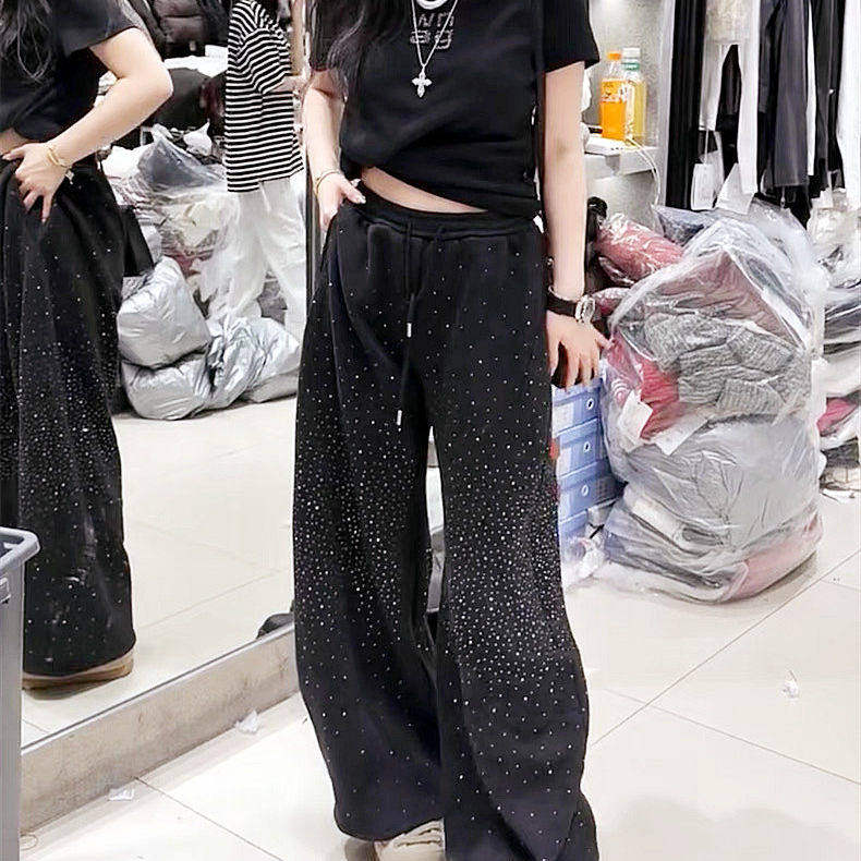 欧货春季新款重工烫钻宽松阔腿裤卫裤时尚大码弯刀裤休闲显瘦百搭,女装/女士精品,卫裤,淘宝优惠券,粉丝福利购,淘宝优惠卷