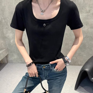 欧货春季时尚U领短袖T恤女修身显瘦打底衫上衣纯色正肩小衫正肩