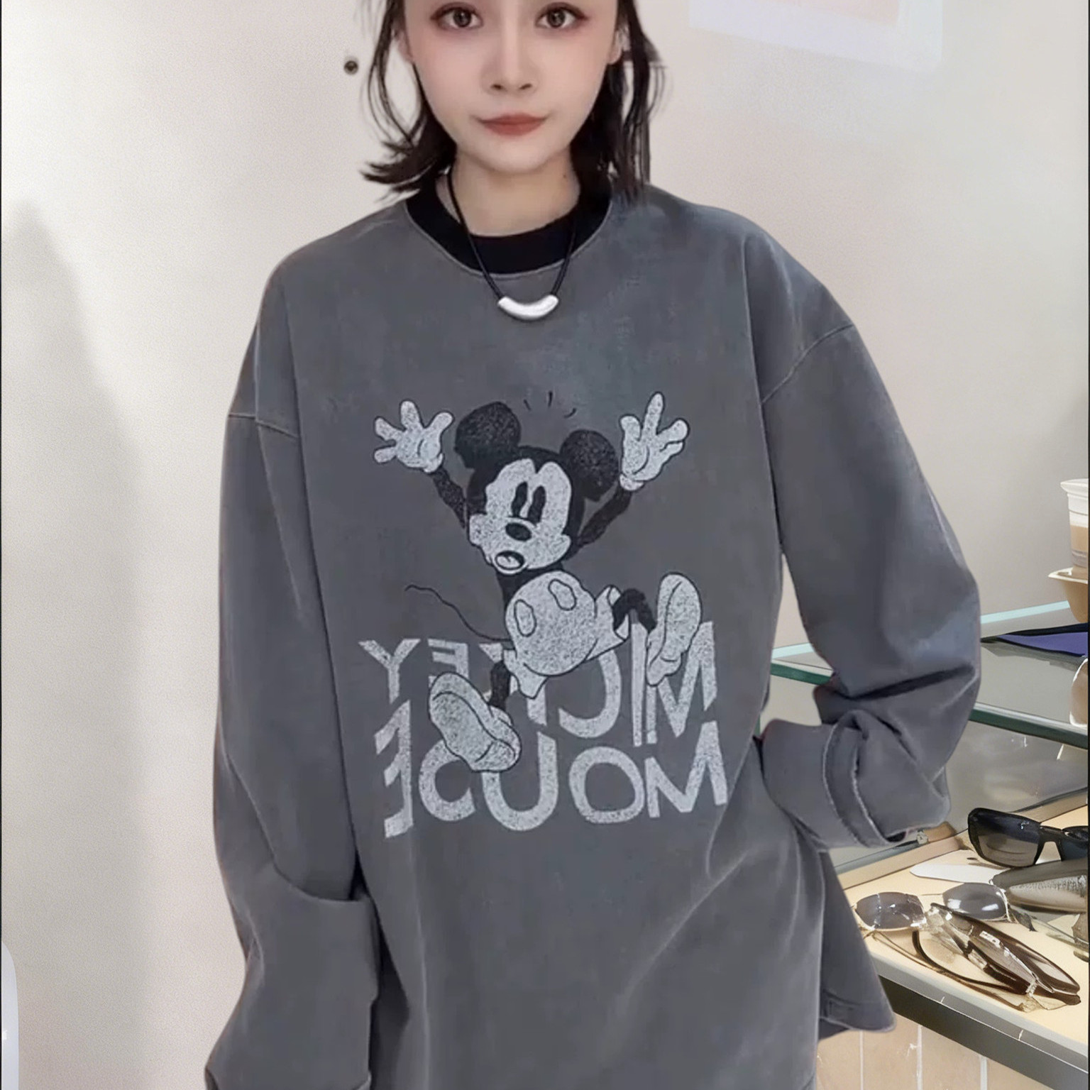 欧货十三行卡通长袖T恤中长款圆领宽松上衣长袖过臀显瘦百搭大码