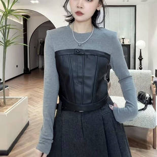 打底衫 T恤小衫 假两件上衣潮 皮拼接黑灰圆领弹力长袖 欧货洋气女装