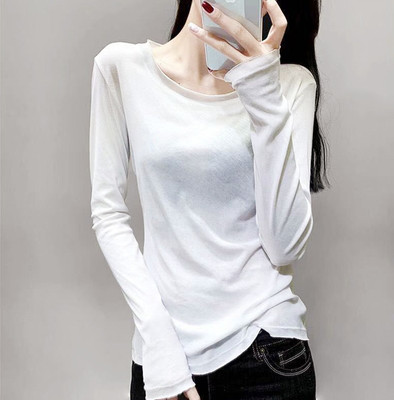 欧货洋气糖果色圆领长袖T恤女