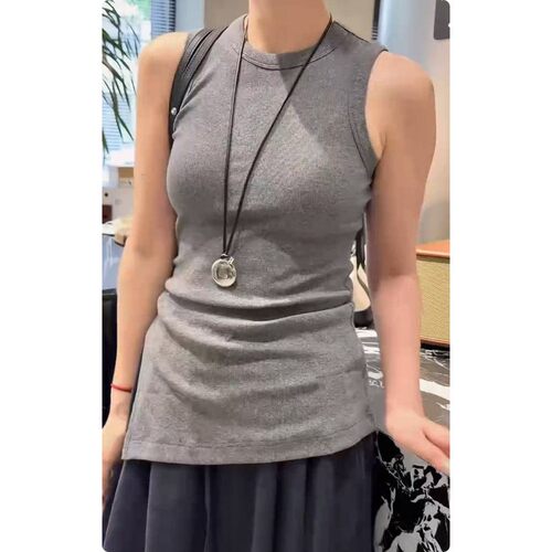 欧货南油新款黑白灰简约风开叉抽褶无袖T恤背心打底衫时尚大码潮T