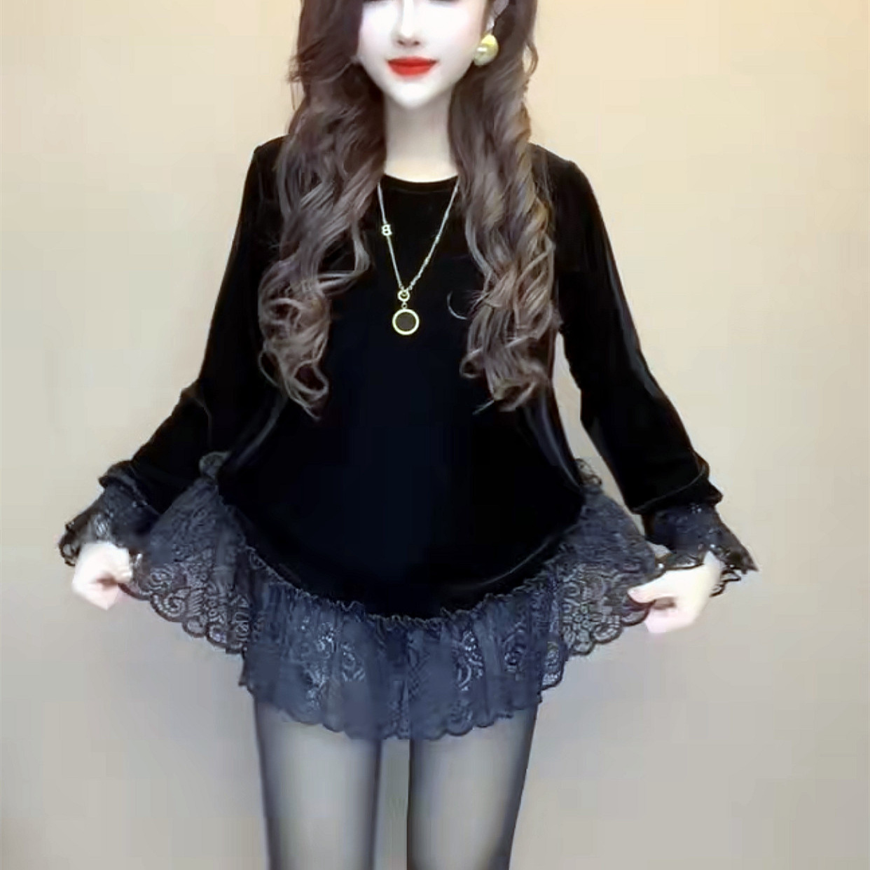 欧货洋气女装性感蕾丝边黑