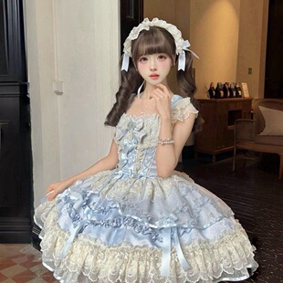 梦呓蝶 白糖少女原创设计Lolita洋装芭蕾风蕾丝jsk吊带连衣裙蓝色
