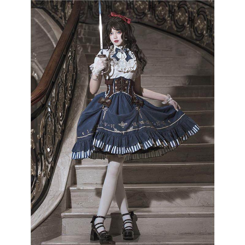 原创鎏金指针洛丽塔Lolita短袖衬衣腰封半裙套装优雅日常夏季正版