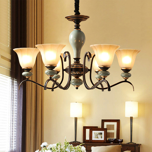 客厅吊灯铁艺陶瓷灯复古美式 欧式 奢华大气灯饰卧室餐厅灯书房灯具