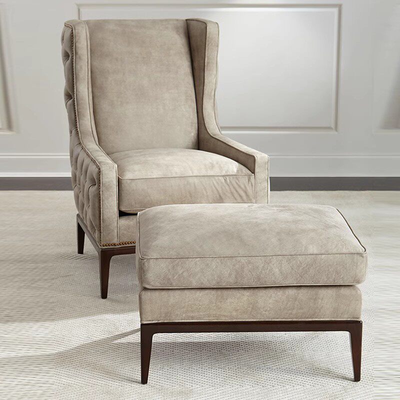 美式实木布艺老虎椅简约客厅单人沙发椅新古典高靠背拉扣休闲椅