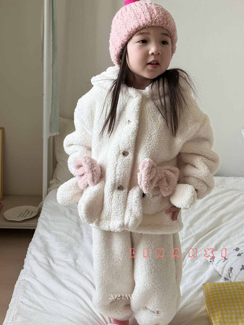 女童冬装兔耳朵毛毛外套套装女宝宝短裤儿童冬季保暖两件套童装潮