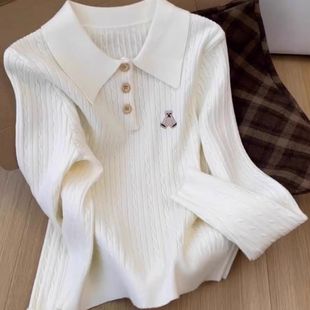 女秋季 针织衫 穿搭白色小熊刺绣高级感衣潮 学院风polo领长袖 韩式