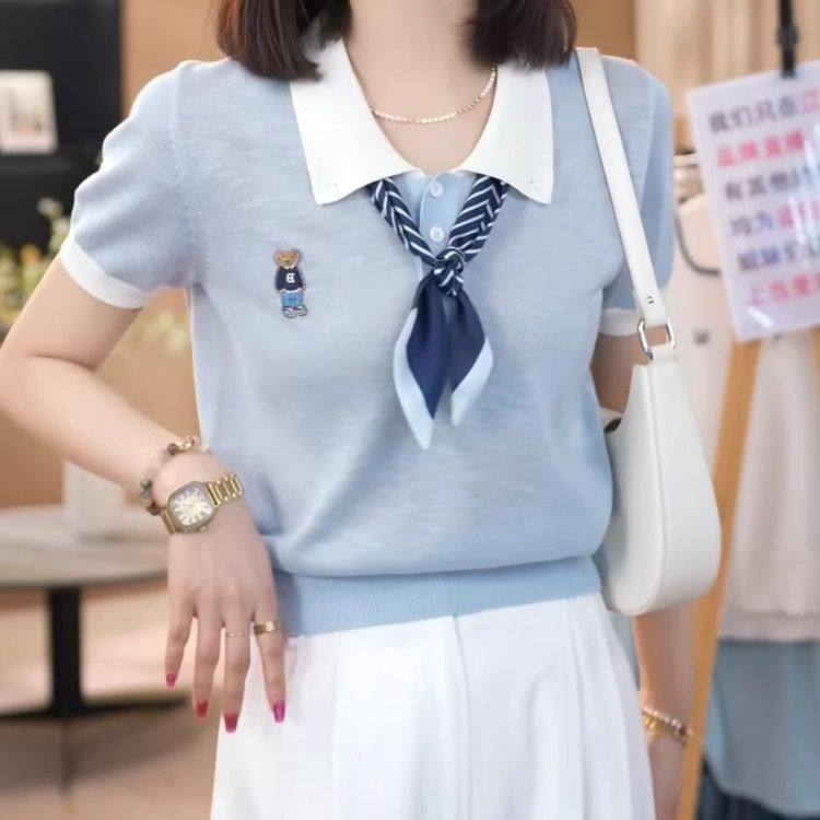 丝巾polo领蓝色短袖针织衫女夏季2025新款高级感百搭宽松显瘦上衣