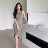 黑色针织无袖 包臀裙 收腰修身 挂脖背心连衣裙女春装 气质高级感长款