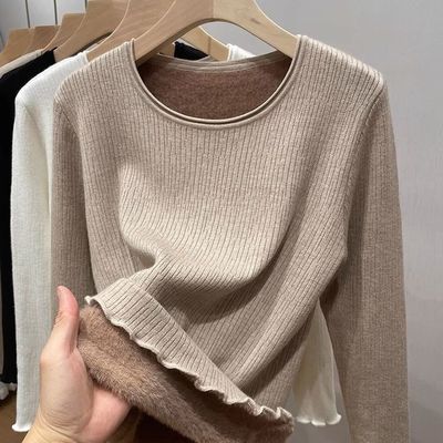 加绒加厚针织衫内搭保暖圆领毛衣女秋冬季低领一体绒木耳边打底衫