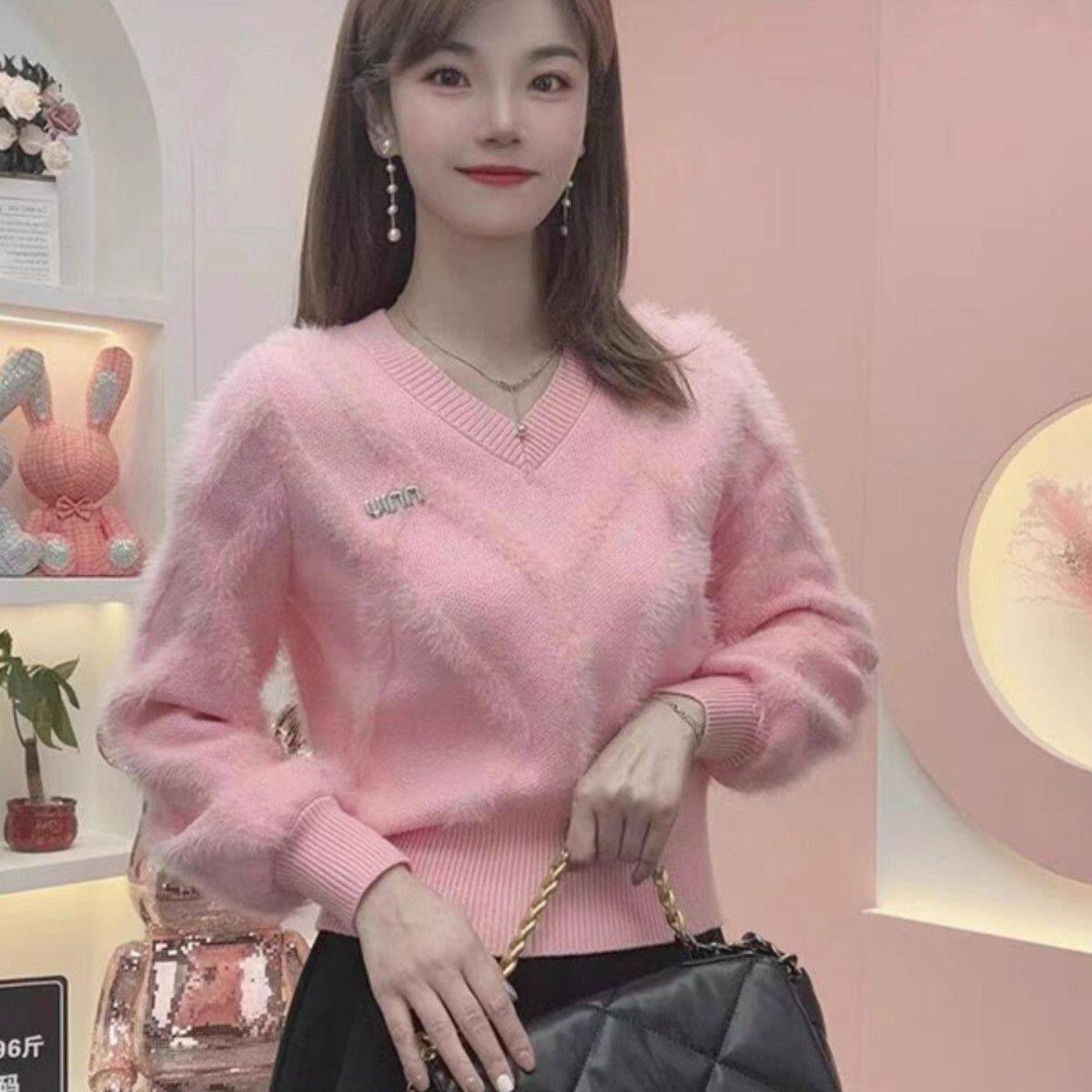 温柔时尚V领貂针织毛衣女秋冬慵懒风保暖长袖打底漂亮小衫上衣,女装/女士精品,毛针织衫,淘宝优惠券,粉丝福利购,淘宝优惠卷