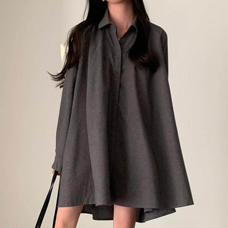 韩国chic春季复古小众翻领宽松休闲纯色长袖小个子衬衫式连衣裙女
