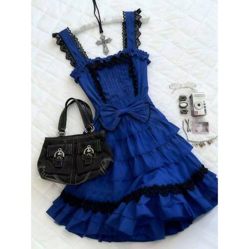 彼岸蔷薇 蓝色蕾丝拼接显瘦小众设计感无袖连衣裙女夏季新款短裙