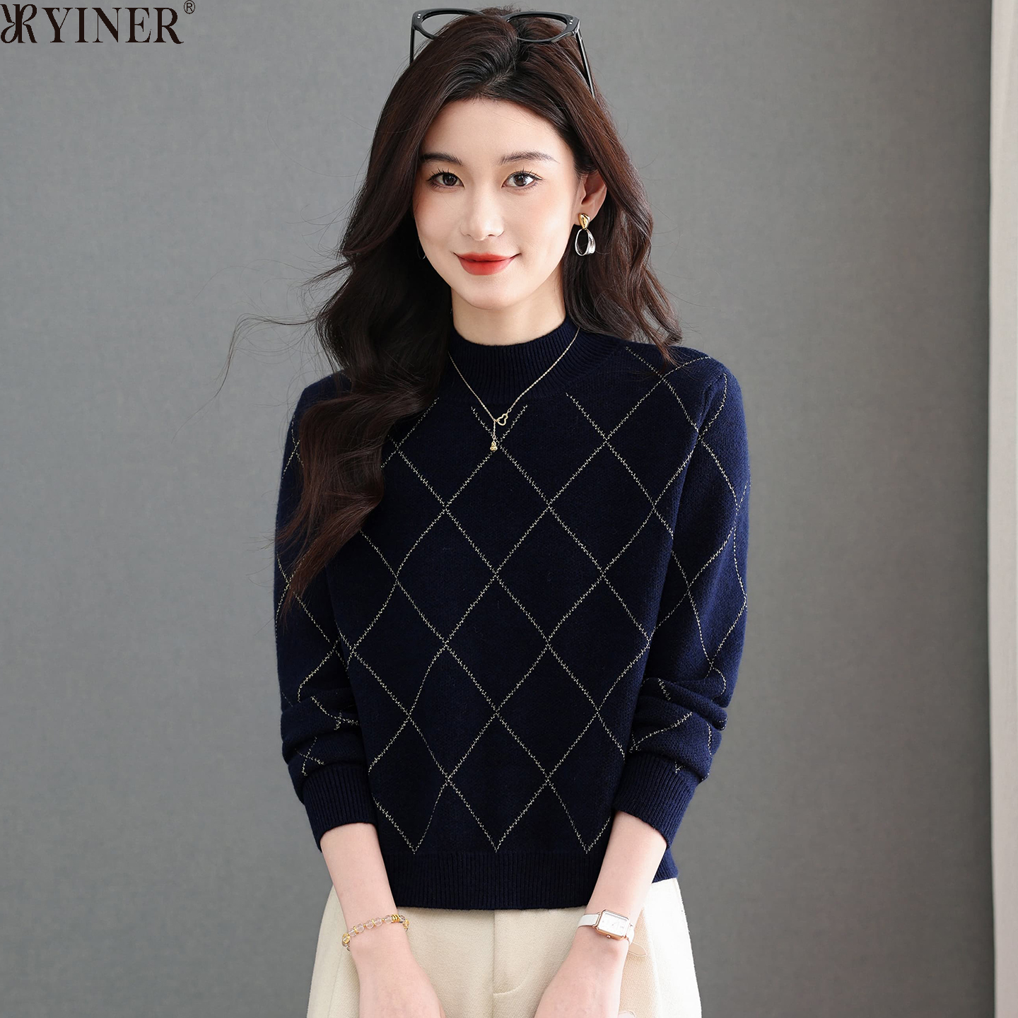 音儿女装羊毛针织衫格子简约毛衣