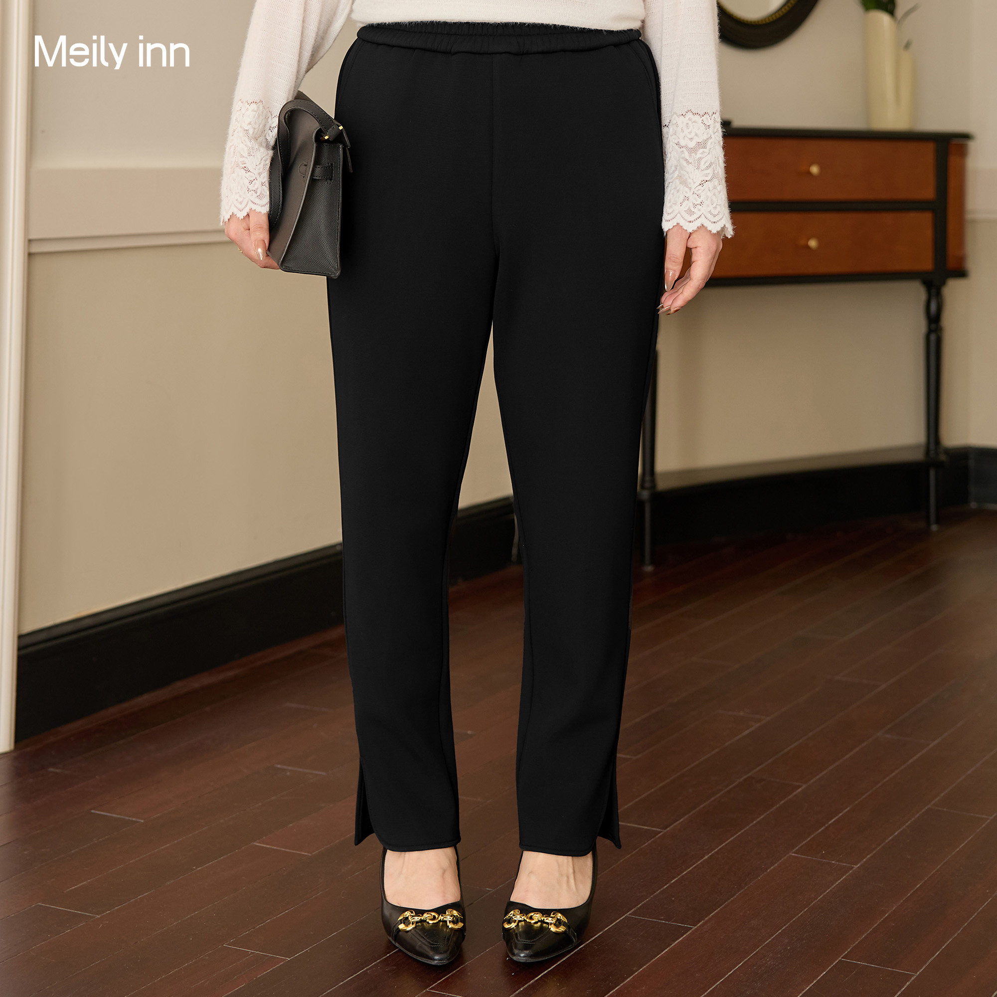 美丽客栈大码女装四面弹力黑色加绒小脚裤冬新款胖mm显瘦休闲裤女