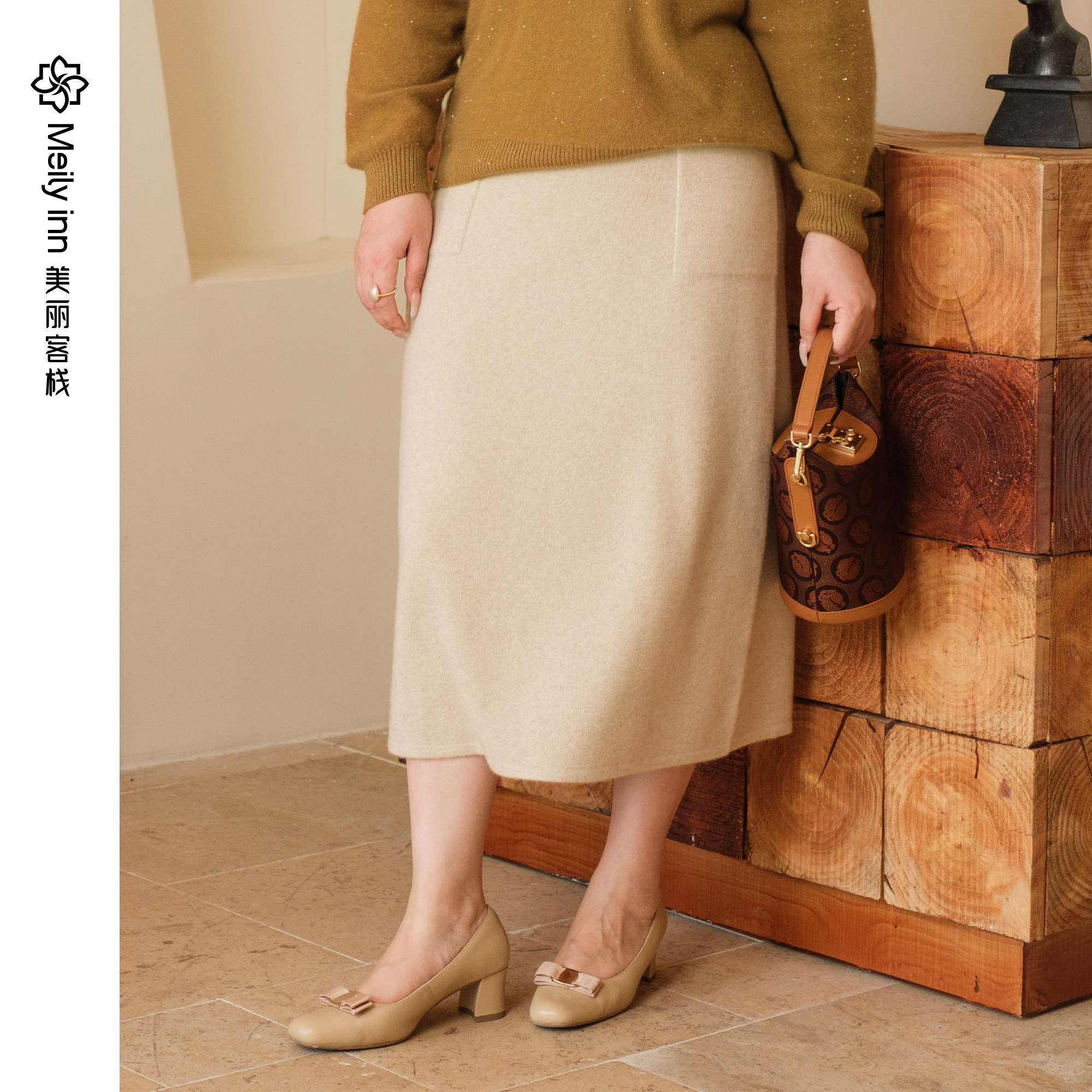 100山羊绒美丽客栈秋冬新款抽绳针织半身裙女大码女装显瘦长裙