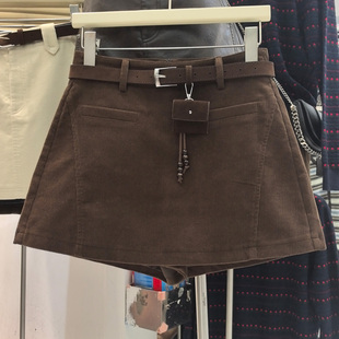 希贝尔茜茜高腰短裤裙女2025秋季灯芯绒A字阔腿裤假两件前裙后裤