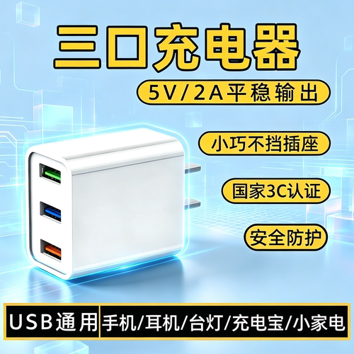 3C认证三口同时充USB慢充充电器