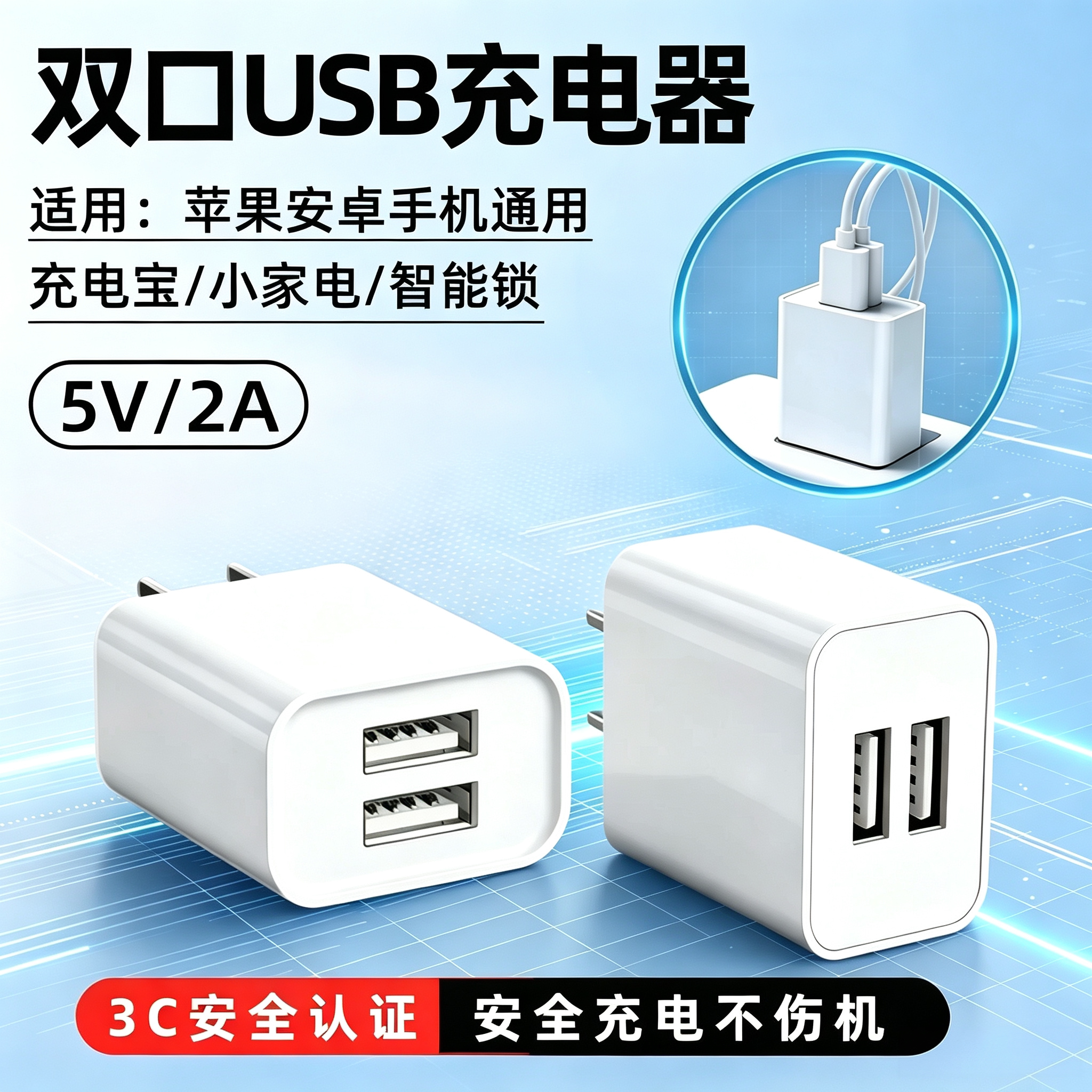 5V2A双口USB通用充电器3C认证适用苹果华为小米安卓智能手机平板充电宝蓝牙耳机音响指纹锁监控小家电10W慢充