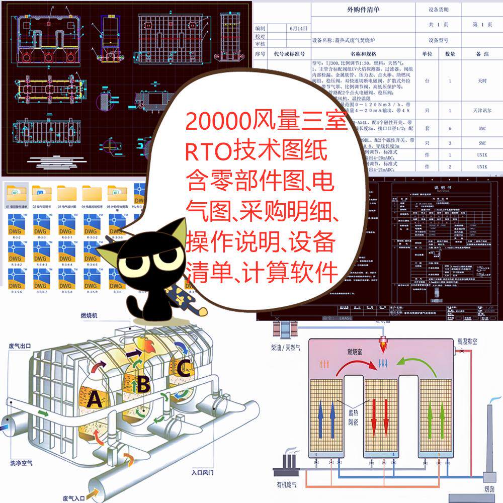 20000风量RTO技术图纸含CAD零件图电气电控程序操作说明设备清单