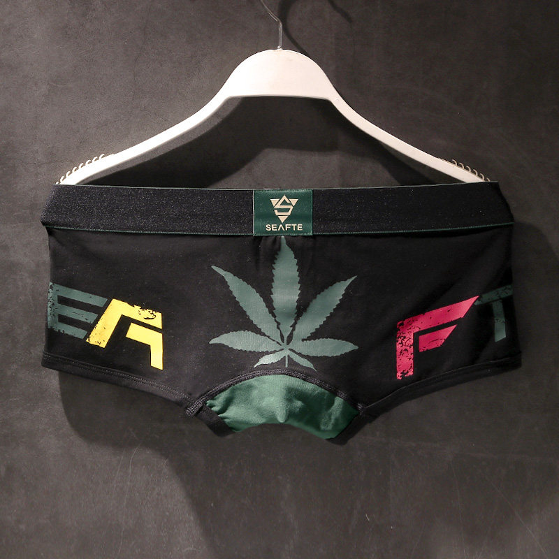 男内裤平角裤纯棉个性印花潮流枫叶男生青年运动短裤头四角裤紧身