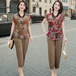 大码 2025夏新款 妈妈装 套装 中老年遮肉显瘦两件套 洋气翻领开衫 时尚