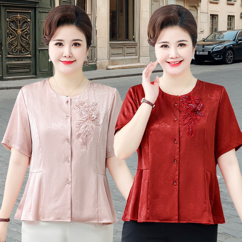 胖奶奶夏季短袖衬衫2025新款上衣洋气喜庆衣服中老年女装妈妈大码